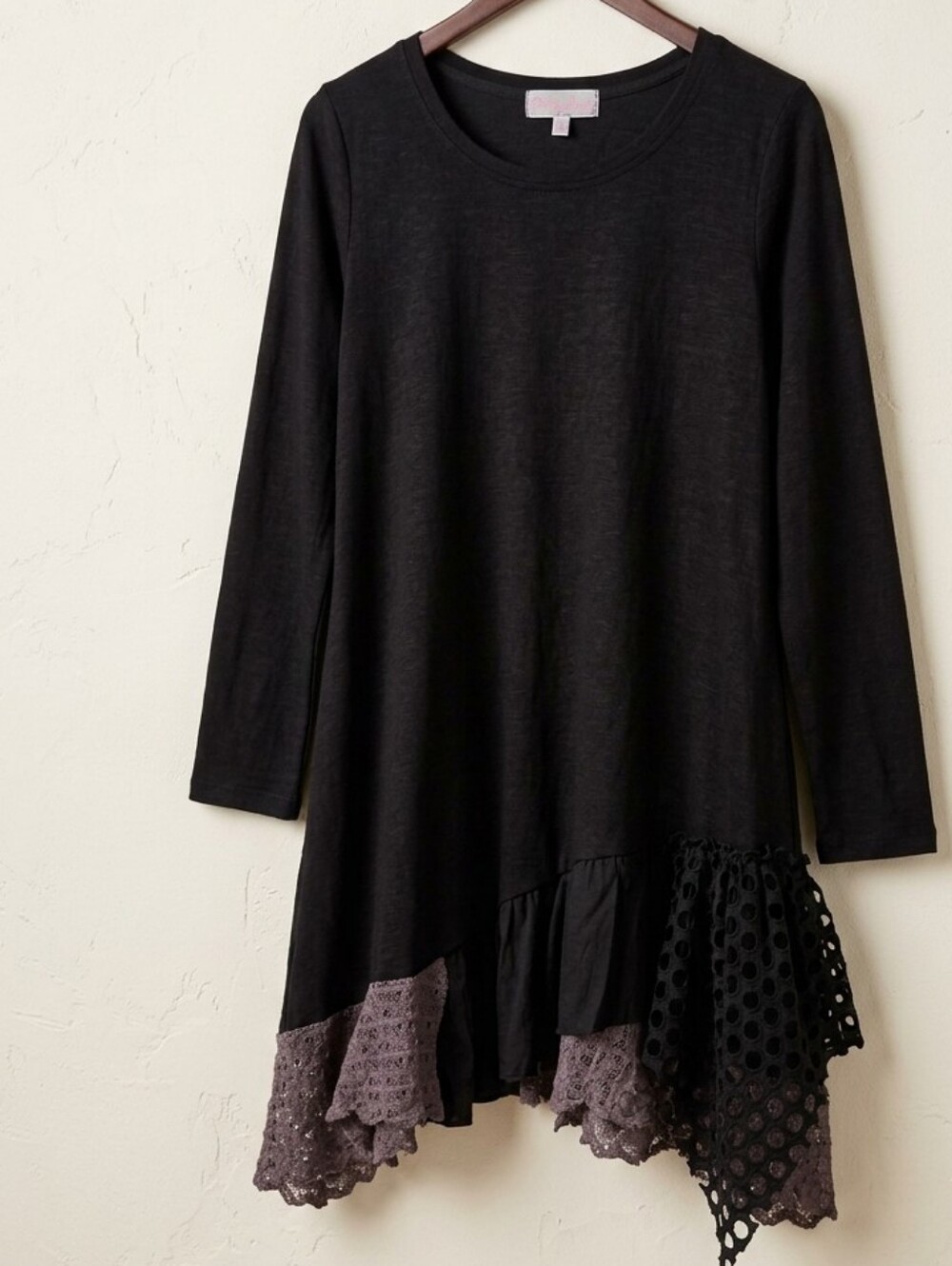 Pretty Angel XL Black Linen Blend Lace Hem Asymmetrical Tunic Mini Dress